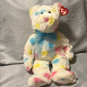 Ty Beanie Baby Buddy Pastel Plush Bear with Blue Bow 13 inch Kissme Heart Nose